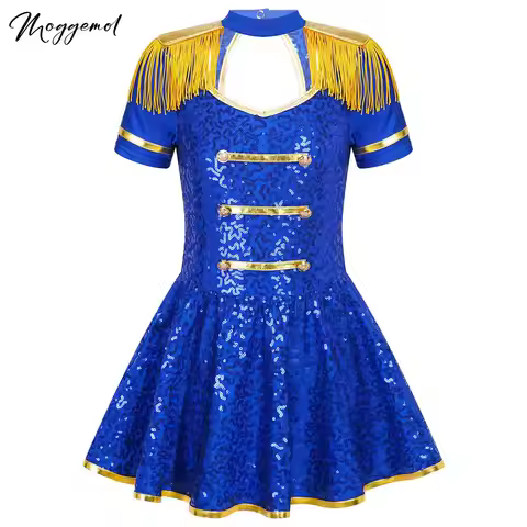 Girls Honor Guard Circus Uniform Majorette Drum Master Costume Sequin Gold Tassel Epaulets Built-in 