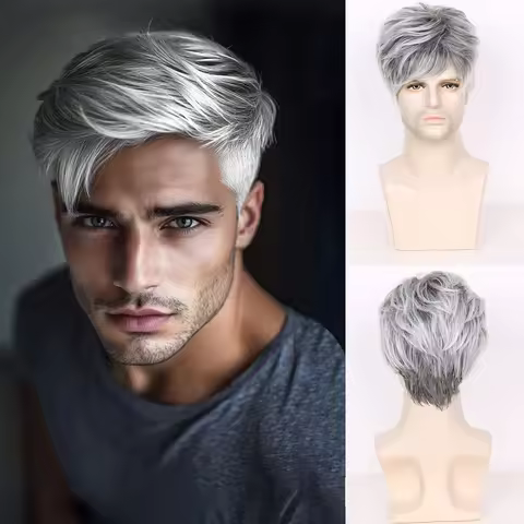 Men's short silver-gray wig, synthetic fiber wig, suitable for men's Halloween cosplay wig accessori