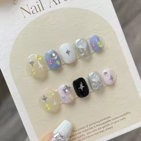 Handmade Kawaii Press on Nails Short Korean Partysu Cute Star Reusable Adhesive False Nails Acrylic 
