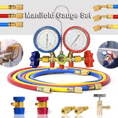 3 Way AC Manifold Gauge Set with Hoses Couplers & Adapter for R410 R22 R404A R134A Refrigerant AC Ga