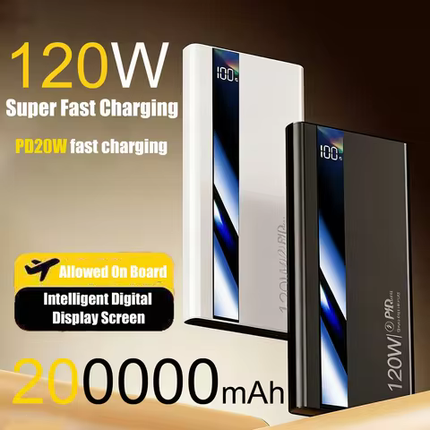 200000mAh Power Bank 120W Super Fast Charging Battery High Capacity Digital Display Power Bank For X