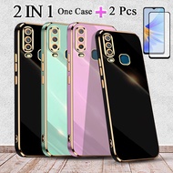 2 IN 1 VIVO Y12 Y15 Y17 Gold Edge Plating Case With Tempered Glass Curved Ceramic Screen Protector