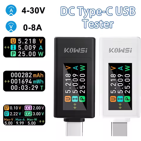 KWS-1902L Type-C Tester Digital DC 4-30V 0-8A Voltage Ammeter Power Meter Cell Phone Charger Capacit