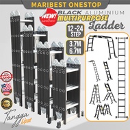 12 - 24 STEP ( 3.7M - 6.7M ) Black Aluminium Multipurpose Ladder Folding Double Sided Work Home Foldable Tangga Lipat
