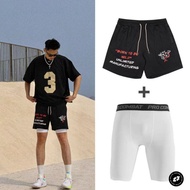Quarter Knee-Length Men's Sports Running Shorts Summer American Double-Layer Mesh Drawstring Basketb