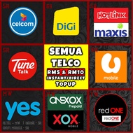 🔝 RM5 RM10 Topup Reload Telco Celcom Digi Umobile Maxis Tunetalk Yes Onexox Xox Redone Beone Halotelco Unifi Mobile 🔝