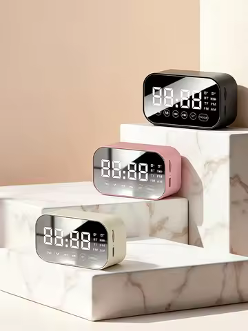 Multifunctional Bluetooth Speaker Alarm Clock, Mirror Display with Dual Alarms, FM Radio, Portable S