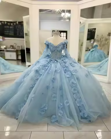 Sky Blue 3D Flowers Lace Applique Off The Shoulder Ball Gown Quince Dress Lace-up 15 Dress Quinceane