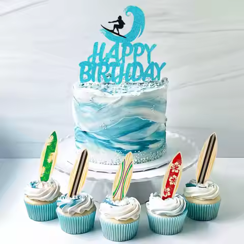 LaVenty 21 Piece Surfing Birthday Cake Decoration Surfing Birthday Decoration Beach Surf Wave Cake T