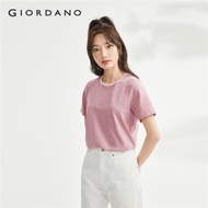 GIORDANO ผู้หญิง เสื้อยืดผ้าฝ้าย 100% ปักลายดอกไม้เสื้อยืดคอกลมแขนสั้นแฟชั่นลำลองเสื้อยืด Free Shipp