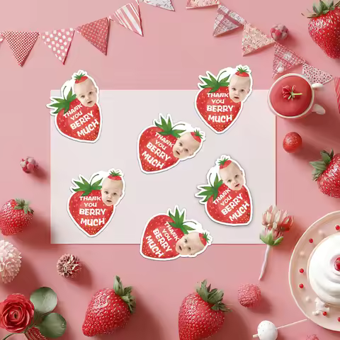Customized cute strawberry gift stickers, baby's full moon and 1st birthday party candy gifts DIY de