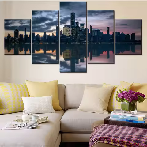 5 Pieces Wall Arts Poster Painting Landscape World Manhattan Skyline Hudson River Wallpaper Home Dec