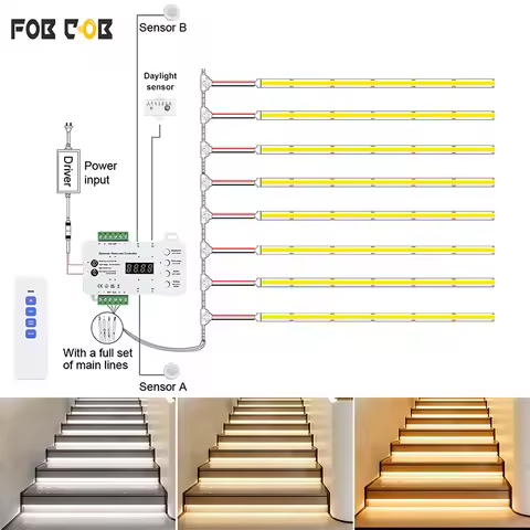 1-28 Steps Sensor LED Stair Light PIR Motion Sensor Stair Lighting COB LED Strip Kit With Plug For I