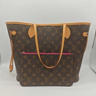 LV路易威登neverfull老花玫紅色內裡中號購物袋