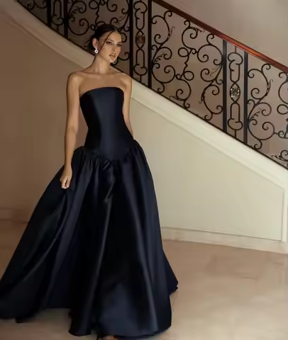 AsaNagi Saudi Elegant Black Prom Gown Women Strapless A-Line Party Evening Dress Floor Length Specia