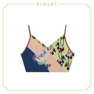 KLOSET Embellished Crop Top (SS18-T001) เสื้อสายเดี่ยวตัดต่อผ้าสีพื้นกับผ้าพิมพ์ลายดอก ดีเทลปักเลื่อม