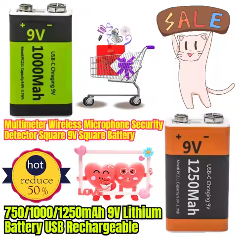 750/1000/1250mAh 9V Lithium Battery USB Rechargeable Multimeter Wireless Microphone Security Detecto