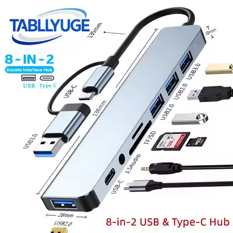 TYPE-C Hub USB3.0 Hub 8 in 2 USB Extender with SD/TF Card Reader& 3.5mm Audio Jack for MacBook/PC/La