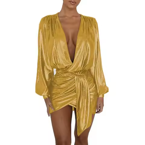 Plus Size Elegant Deep V-neck Long Sleeve Shiny Metallic Dress Women Evening Irregular Bodycon Mini