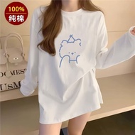 Taiwan Ready Stock 100% Cotton Long-Sleeved T-Shirt Women's Top Bear Print All-Match Bottoming Long-
