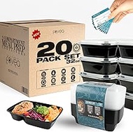 FOVEA HOME Meal Prep Containers [20 Pack Set] 2 Compartment with Lids & [20 Food Labels]. [32oz] Lun