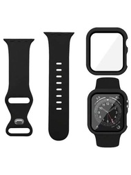 2入組男女款黑色柔軟運動矽膠手錶帶,可調節不鏽鋼扣環和防水功能,兼容 Apple Watch 38/40/41/42/44/45/49mm ,兼容 Ultra/se/9/8/7/6/5/4/3/2/1,帶有鋼化玻璃螢幕保護貼