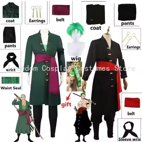 Anime Figures Roronoa Zoro Cosplay Costume Uniform Green/black Coat Pants Scarf Roronoa Zoro Wig Ear