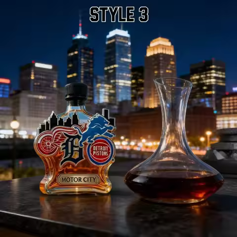 Detroit Motor City Multi-Sports Team Glass Decanter Lions Pistons Red Wings Whiskey Wine Liquor Bott