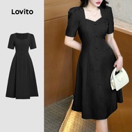 Lovito Elegant Dress Zipper Button Front Spring/summer Black Dress for Women L172LD682 Lovito Gaun E