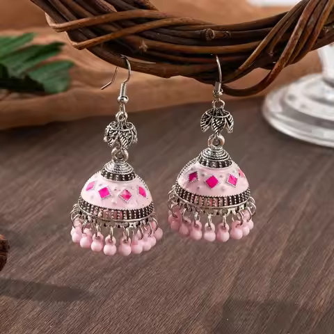 Jhumka Retro Bell Indian Earrings for Women Vintage Ethnic Style Pink Beads Tassel Earings Elegant J