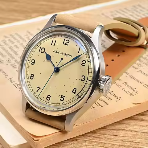 San Martin Men Automatic Watch 38.5mm Pilot Mechanical Wristwatch 10ATM Waterproof NH35 Freckles Dia