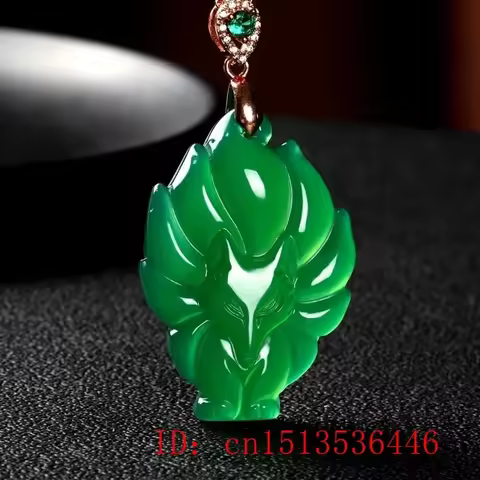 Natural Green Chinese Chalcedony Jade Nine Tailed Fox Pendant Necklace Fashion Charm Jewelry Carved 