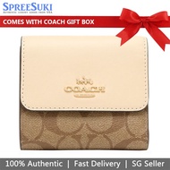Coach Wallet In Gift Box Small Wallet Small Trifold Wallet In Blocked Signature Canvas Khaki Ivory # CE930