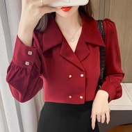 Red Blouse V Neck Baju Blouse Wanita Kemeja Perempuan Long Sleeve Shirt Plain Top Korean Blouse Wome