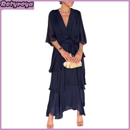 Womens Flowy Chiffon Wedding Guest Dress Ruffle Half Sleeve Empire Waist Ruched Wrap Dress V Neck Ti