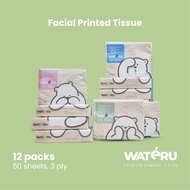 Wateru Facial Printed Tissue 50s 12 packs 50 sheets 3 ply | Natural & Unbleached | Wateru Premium Ba