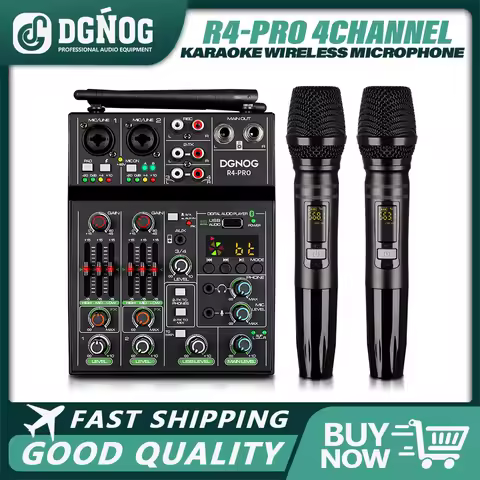 DGNOG 4 Channel Audio Mixer USB Mixer Bluetooth Console with Wireless Microphone DJ Mixer for Party 