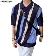 ♞INCERUN Mesh Knit Hollow Stripe Short Sleeve Polo Top POLO Shirts