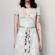 南瓜Vintage。Elie Tahari 淡綠色 印花 繫帶 絲質 短袖 洋裝