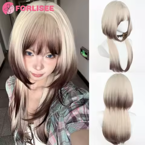 Synthetic Platinum Ombre Beige Brown Hime cut Wig with Bangs Jellyfish head Fluffy Women Lolita Cosp