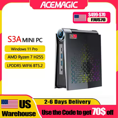 ACEMAGIC S3A Mini PC Gaming AMD R7 H255 RAM 16GB LPDDR5 512GB SSD Gamer Computer RGB Light Control W