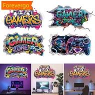 【Forever】 Larger 3D Broken Wall Hole Game Poster Gamer Gamepad Vinyl Mural Stickers Kids Bedroom Gam