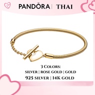[ส่งจากกรุงเทพ]Pandora แท้ เงิน925 14K สร้อยข้อมือ กำไล Heart T-Button Snake Bone Chain Bracelet ของแท้ 100% โรสโกลด์ / rose gold One