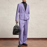 ชุด 2 ชิ้น เสื้อสูทแขนยาวปก และกางเกงขาตรง ลายขวางถักผู้ชาย สีม่วง แบบหลวม เหมาะสำหรับฤดูใบไม้ร่วง/ฤ