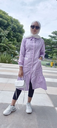 Tunik Kotak LIlac Model Terbaru /Daini Tunik-outer Kotak Bahan Katun / Grosir Tunik Termurah/ Atasan