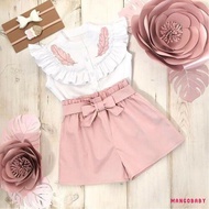 MANGO-Baby Girl´s Summer Outfits Sets Red Feather Print White Tank Top + Pink Bowknot Waist Belt Sho