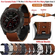 22 26MM Leather Silicone Watch Band For Garmin Fenix 7X 7 6X 6 Pro 5X 5 Epix Gen 2 47mm tactix 7 D2 