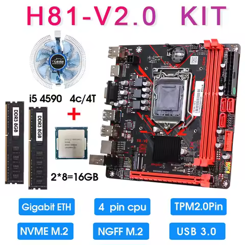 H81 mini itx motherboard set kit with I5 4590 CPU 16GB DDR3 1600MHZ Memory and CPU Cooler combo set 