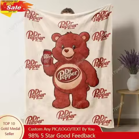 Dr Pepper Bear Flannel Throw Blanket Soft Warm Machine Washable Decorative Wall Hanging for Bed Cust