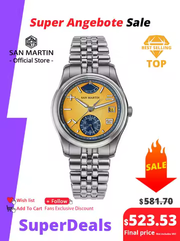 San Martin 39mm Miyota 9132 Power Reserve Display Men Luxury Sport Watch Automatic Mechanical Waterp
